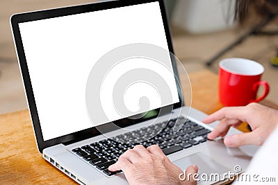 Man hands using laptop computer with blank screen for mock up template background, business technology and lifestyle background Stock Photo
