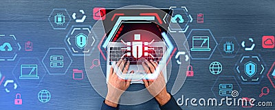 Man hands using laptop, cybersecurity bug interface, top view Stock Photo