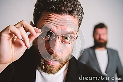 Man handsome bearded guy wear eyeglasses. Eye health and sight. Optics and vision concept. Smart glance. Accessory for Stock Photo
