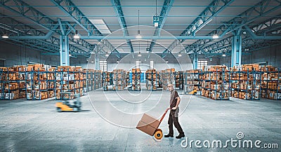 Man with handtruck work in warehouse Stock Photo