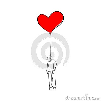 Man hanged on red heart shape balloon vector illustration sketch doodle hand drawn with black lines isolated on white background. Vector Illustration