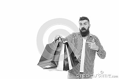 Man happy consumer hold shopping bags. Buy and sell. Consumer protection laws ensure rights. Fair trade competition and Stock Photo