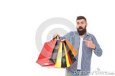 Man happy consumer hold shopping bags. Buy and sell. Consumer protection laws ensure rights. Fair trade competition and Stock Photo