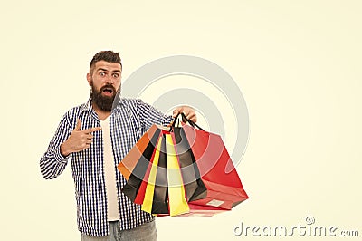 Man happy consumer hold shopping bags. Buy and sell. Consumer protection laws ensure rights. Fair trade competition and Stock Photo