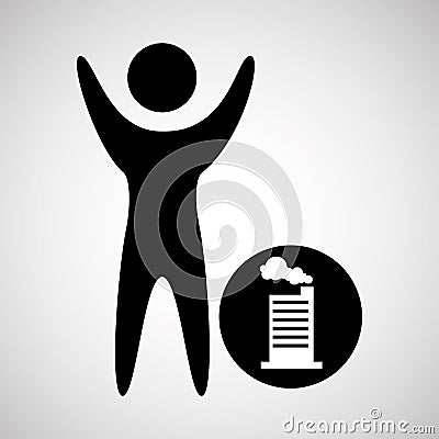 man happy silhouette with building factory icon Cartoon Illustration