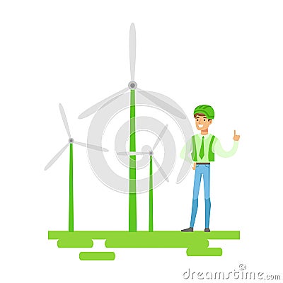 Man In Hard Hat Standing Next To Wind Power Turbines , Contributing Into Environment Preservation By Using Eco-Friendly Vector Illustration