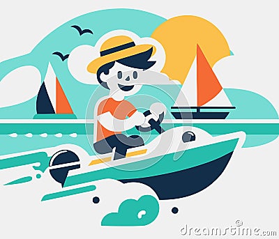 Man has fun riding motorboat. Flat vector illustration Vector Illustration