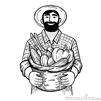 Man in hat holding full basket of vegetables flat illustration. farmer and his harvest Vector Illustration