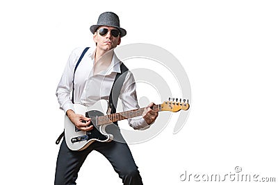Man with hat plays electric guitar Stock Photo