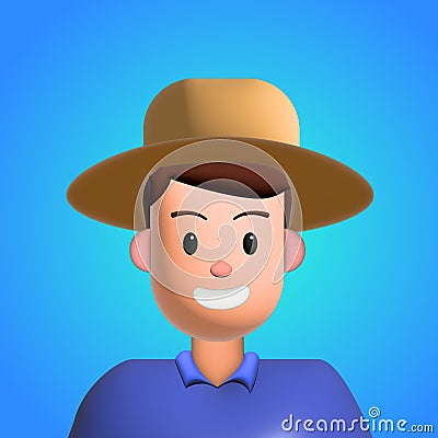 Man with hat smiling portrait.Young man avatar.Smart man 3d Cartoon Illustration