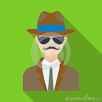Man in hat suit raincoat and glasses. The detective undercover.Detective single icon in flat style vector symbol stock Vector Illustration