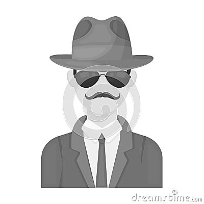 Man in hat suit raincoat and glasses. The detective undercover.Detective single icon in monochrome style vector symbol Vector Illustration