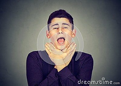 Man having asthma attack or choking can`t breath Stock Photo