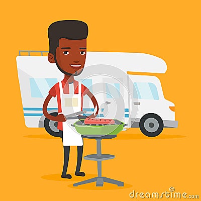 Man having barbecue in front of camper van. Vector Illustration