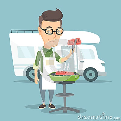 Man having barbecue in front of camper van. Vector Illustration