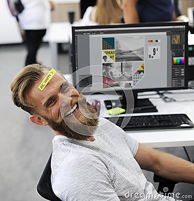 Man Having Be Happy Sticky Note on Forehead Durin Office Break Time Stock Photo