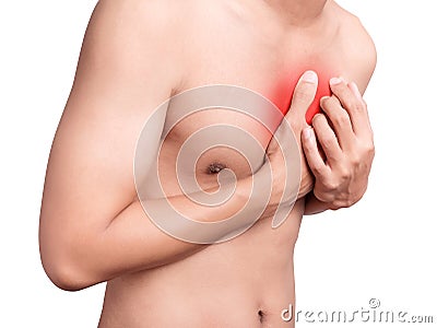 Man having chest pain, heart attack. red color highlight breast Stock Photo