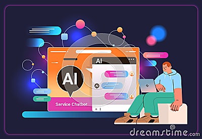 man having dialog with chat bot asking questions and receiving answers ai chatbot assistance customer service concept Vector Illustration