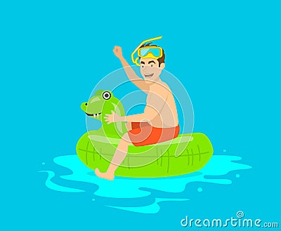 Man having fun in pool, floating on childrens inflatable dragon ring, Vector Illustration
