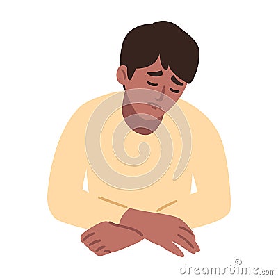 Man is having a headache. Boy feels anxiety and depression. Psychological health concept. Nervous, apathy, sadness, sorrow, Vector Illustration