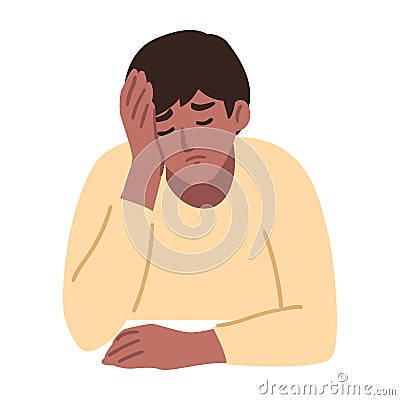 Man is having a headache. Boy feels anxiety and depression. Psychological health concept. Nervous, apathy, sadness, sorrow, Vector Illustration