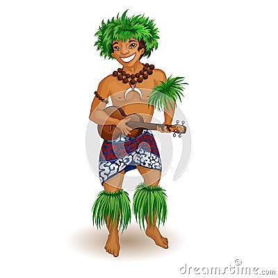 A man in Hawaiian clothes with a ukulele in his hands. Vector Illustration