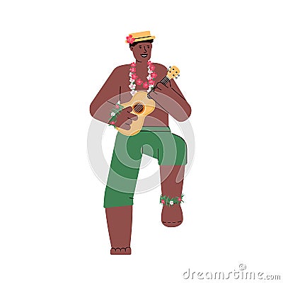 Man hawaiian musician and dancer with guitar flat vector illustration isolated. Vector Illustration