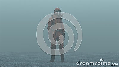 Man in a Hazmat suit foggy overcast wasteland Stock Photo