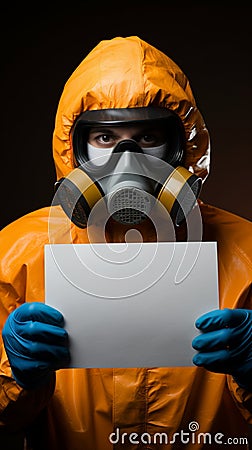 Man in hazmat suit holding sign, ready for personalized message or caution. Stock Photo