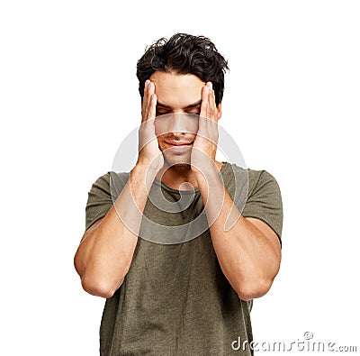 Man, head and embarrassed shame in studio or white background, mockup space or frustrated. Male person, model and Stock Photo