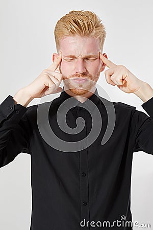 Man head pain isolated, Men head ache, Portrait of a sick man having a migraine vertical image close up Stock Photo