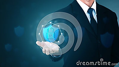 Man without Head shows outstretched hand with Lock Shield on the visual screen. Stock Photo