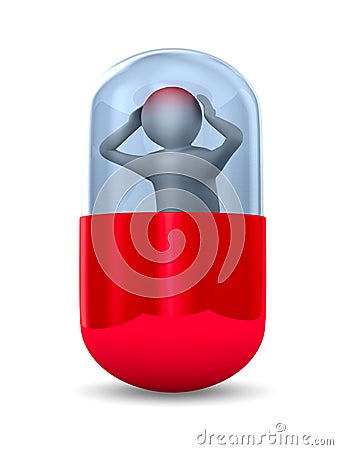 Man with headache in capsule on white background. Isolated 3D il Cartoon Illustration