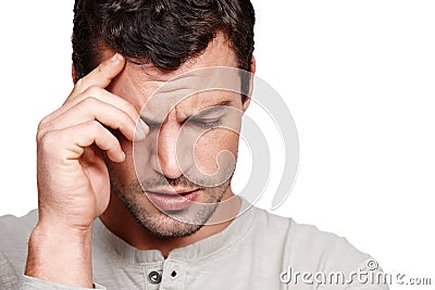 Man, headache and stress face in studio for depression, mental health and burnout anxiety in white background. Person Stock Photo