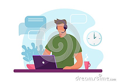 Man with headphone and computer, call center, customer service and support. Flat vector illustration concept of distance Vector Illustration