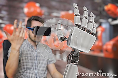 Man with headset is controlling robotic arm with his hand. 3D rendered illustration of robotic hand Cartoon Illustration