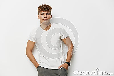 man healthy studio attractive smile handsome jeans white fitness health template Stock Photo
