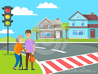 Old Woman Crossing Roadway, Pedestrian Vector Vector Illustration