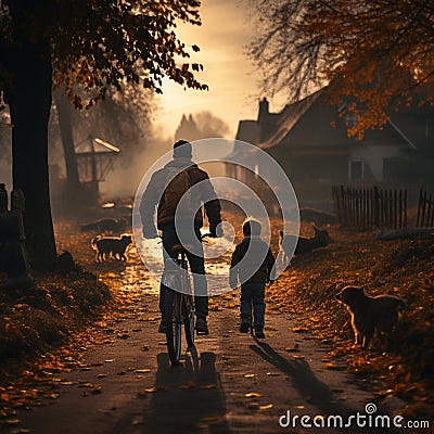 Man helping his kid in learning to ride a bicycle, rear view Stock Photo