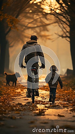 Man helping his kid in learning to ride a bicycle, rear view Stock Photo