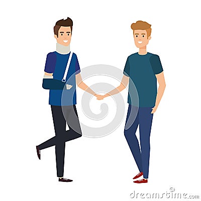 Man helping person with orthopedic collar and plastered arm Vector Illustration