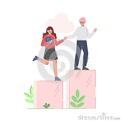 Man Helping Woman to Climb up on Column of Columns, Moving up Motivation, Teamleader Business Concept Cartoon Vector Vector Illustration