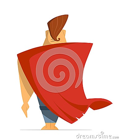 Man or hero with super red cloak cape. Back view. Vector Illustration