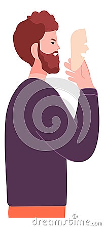 Man hiding face behind mask. Liar with fake smile. Disguise Vector Illustration