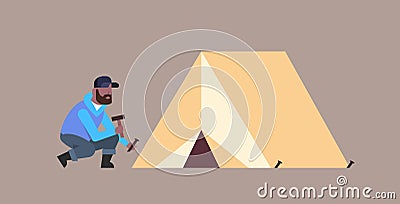 Man hiker camper installing a tent preparing for camping hiking concept african american traveler on hike horizontal Vector Illustration