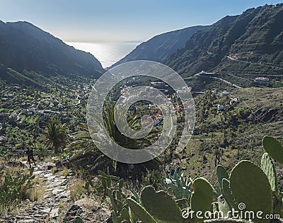 Man hiker on steep old stone road to El Retamal village. Green valley with palm trees, terraced fields and traditional Stock Photo