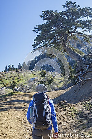 Man hiking at the mountain Stock Photo