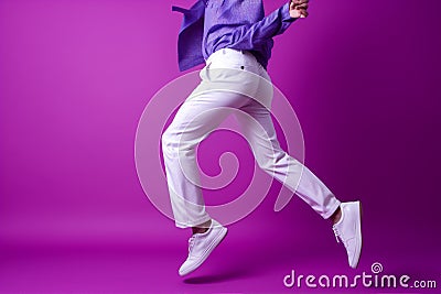 Man hip fashion white hop violet jump action trendy acrobat pose lifestyle modern positive breakdance Stock Photo