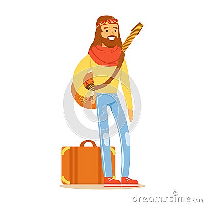 Man Hippie Dressed In Classic Woodstock Sixties Hippy Subculture Clothes Traveling With Guitar And Suitcase Vector Illustration