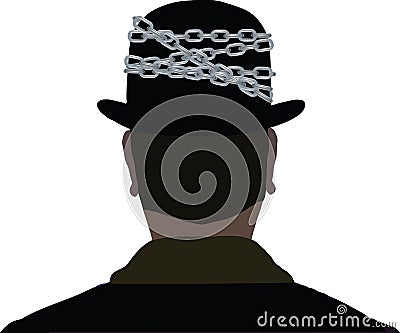 Man on his back with the black cylinder chained with chain Vector Illustration